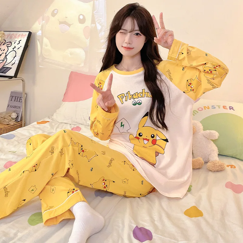 Новый хлопковый пуловер с круглым вырезом Покемона Пикачу женские пижамы на