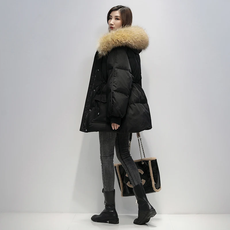 

2022 Winter Down Jacket Women 90% White Duck Down Coat Large Natural Raccoon Fox Fur Collar Hooded Thick Warm Adjustable Waist