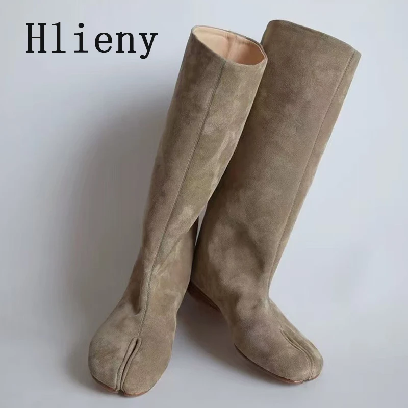 Зимние модные сапоги Hlieny в уличном стиле с раздельным носком, женские высокие сапоги до колена на плоской подошве, женские длинные ботинки, Zapatos De Mujer (art.: 3920dc4991383) - 3920dc4991383