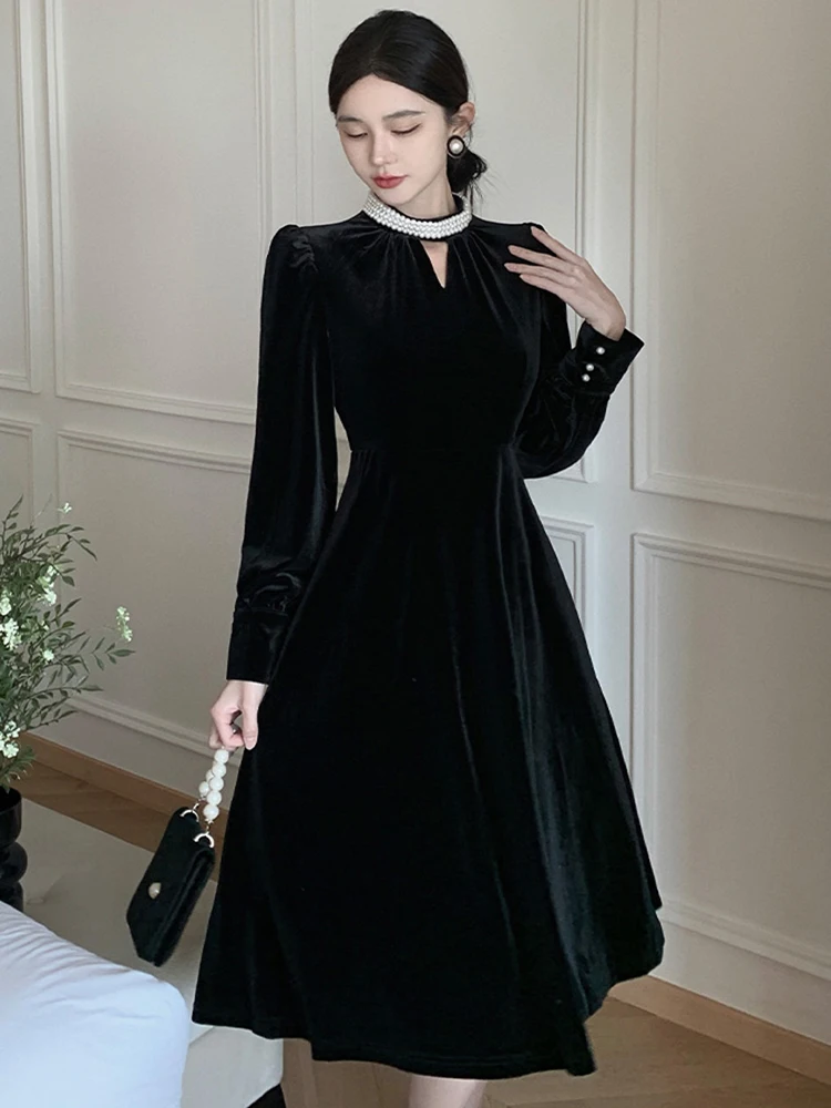 Осеннее черное бархатное платье для женщин французское винтажное офисное