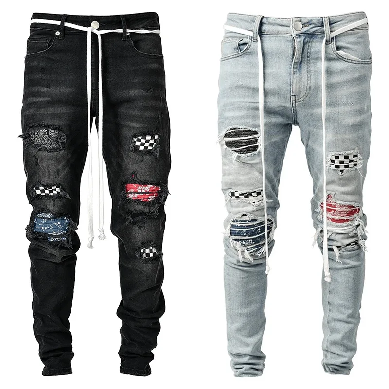 Men Ripped Skinny Jeans High Quality Slim Mens Denim Trousers High Street Fashion Vintage Patch Patchwork Black Pants Aesthetic