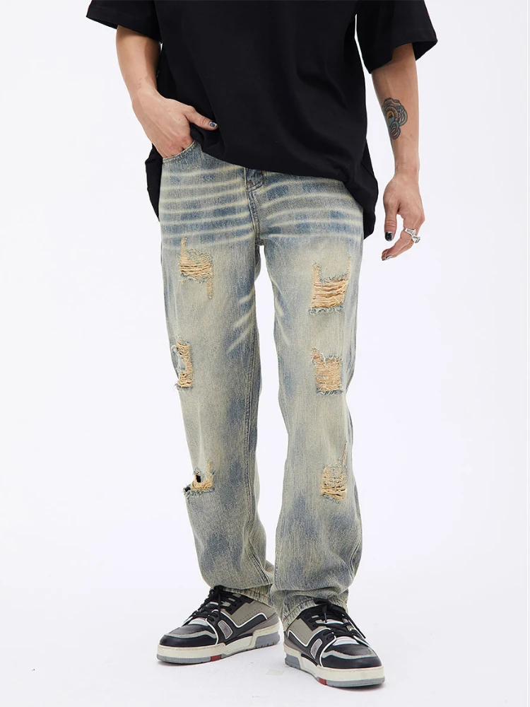 American Men's Trousers Ripped Loose Solid Color Jeans Streetwear Design Clothing Hip Hop Ladies Korean Slim Casual Jeans Denim
