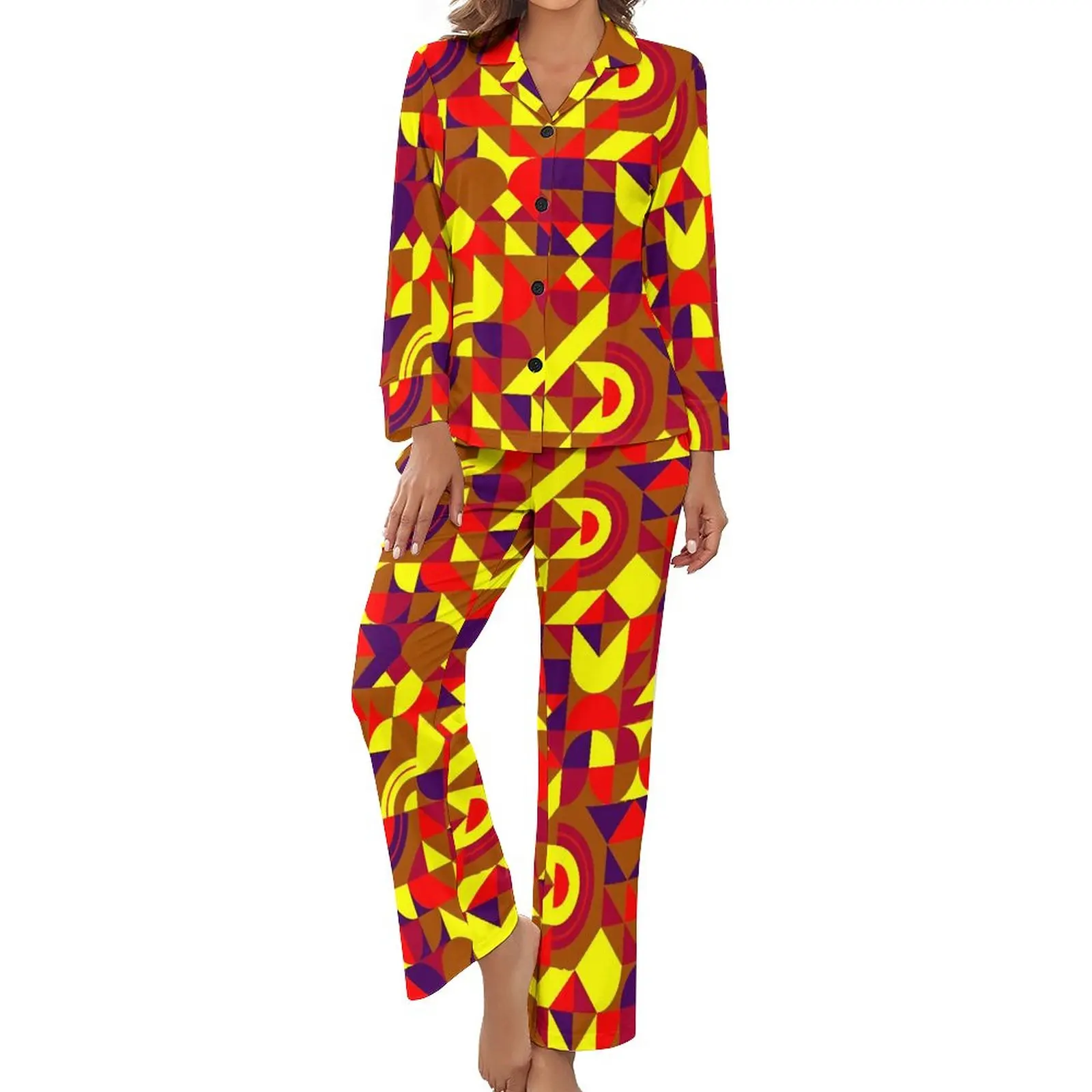 

Colorful Geo Print Pajamas Abstract Geometric Home V Neck Sleepwear Womens Two Piece Graphic Long-Sleeve Kawaii Pajamas Set