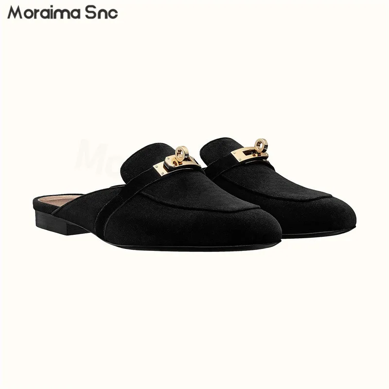 Metal Buckle Baotou Muller Slippers New Leather Low Heel Round Toe Backspace Slippers Casual Comfortable Fashion Women's Shoes