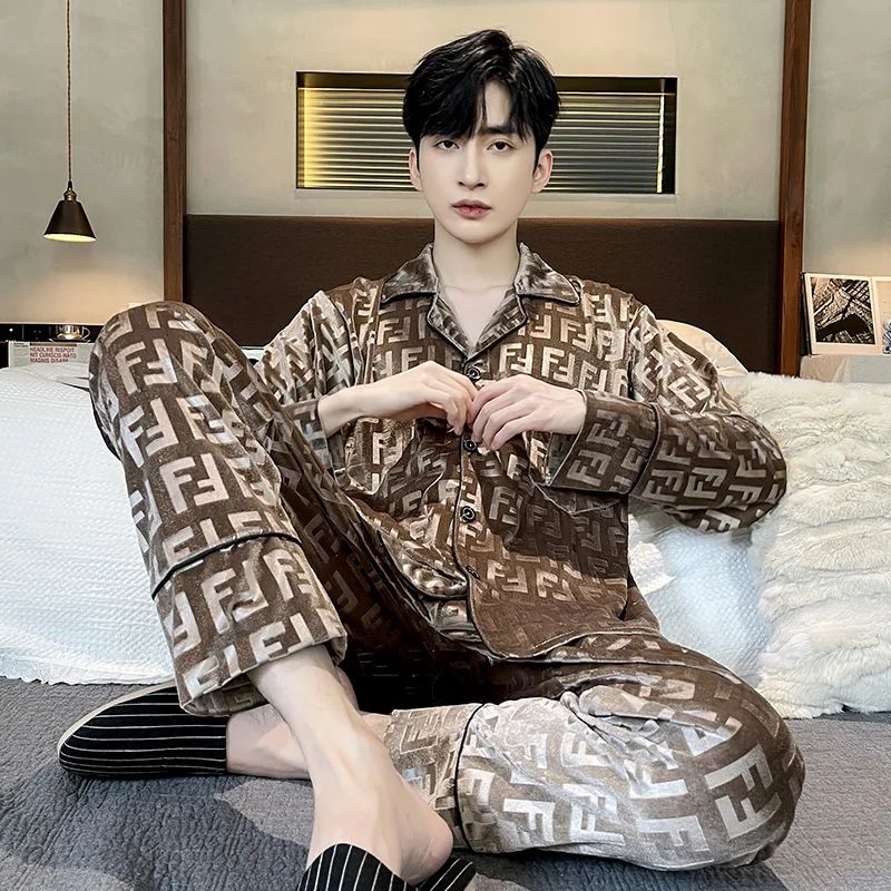 Men Pajama Set Cardigan Pleuche Velvet Loose Spring Autumn Winter Long Sleeve Pattern Pant Sleepcoat Trouser Homewear Nightshirt