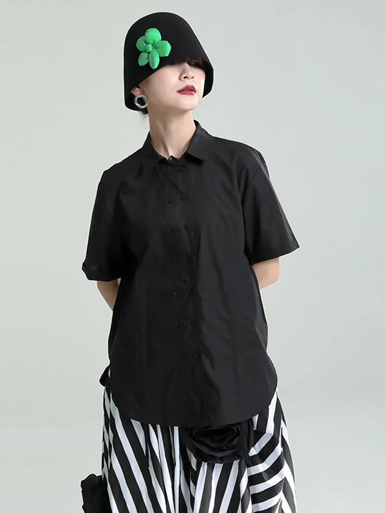 

Женская Асимметричная черная Повседневная Блузка с кулиской, новая свободная рубашка с отложным воротником и коротким рукавом, модный трен...