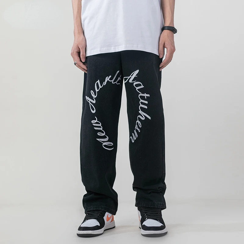 Four Seasons Men's Jeans High Street Vibe Style Retro Green Embroidered Jeans Hip Hop Loose Wide Leg Pants Ins Hot Sale JEANS