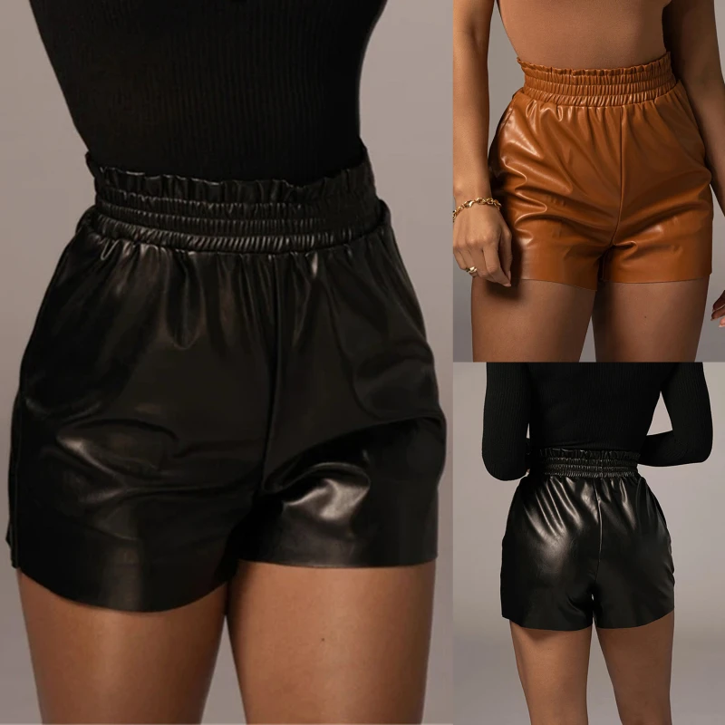 

PU Leather Pockets High Waist Women Shorts 2022 Spring Black Skinny Short Pants Casual Streetwear Basic Female Pant