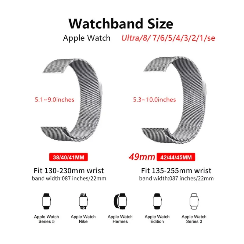 Milanese Loop For Apple Watch Ultra Band 49mm 44mm 45mm 40mm 41mm 42mm 38mm 45 mm belt bracelet iWatch series 8 7 3 5 se 6 Strap