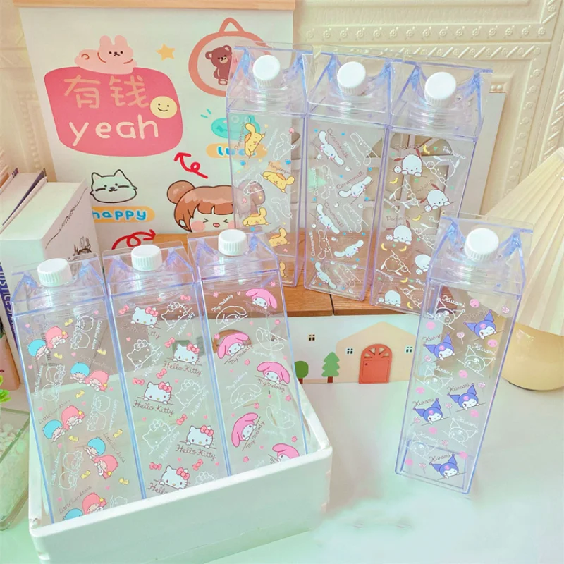 

1000 мл Kawaii Sanriod My Melody Cinnamoroll Kuromi Kitty креативный квадратный прозрачный молочный картонный мультяшный аниме портативный JuiceCup