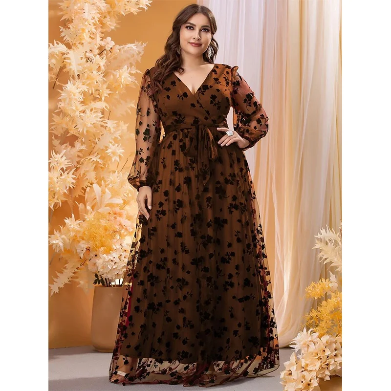 Plus Size Women Long Floral Mesh Elegant Dress 4XL 5XL Plus Size Long Sleeve V Neck Double Layer Long Party Dress