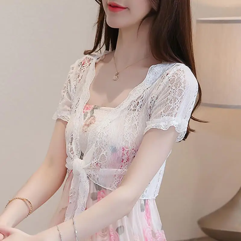

2022 New Women Summer Hollow Cardigan Shirt Female Blouse Tops Beach Lace Sunscreen Outwear Casual Short Sleeve Shirt Coat A71