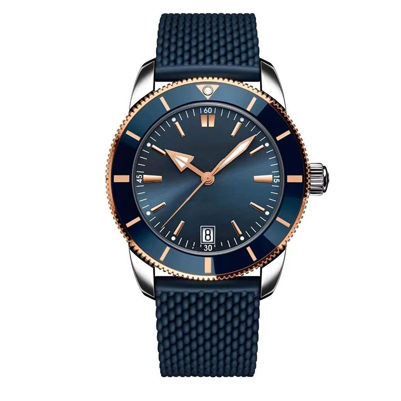 

Classic Mens Watch Rose Gold Bezel Automatic Mechanical Movement Blue dial Sapphire Crystal Rubber Strap Stainless Steel