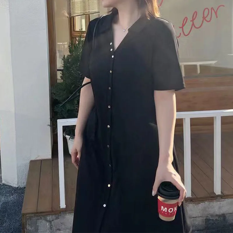 Summer Clothes for Women Turn-down Collar Solid Color Splicing Button Short Sleeve Casual Plus Size A-line Knitted Midi Dress