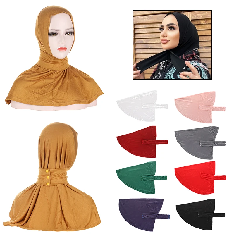 

2022 Wear Snap Fastener Hijab Muslim Women Full Cover Head Wraps Scarf Islam Turban Caps Turbante Mujer Breathable Strap Button