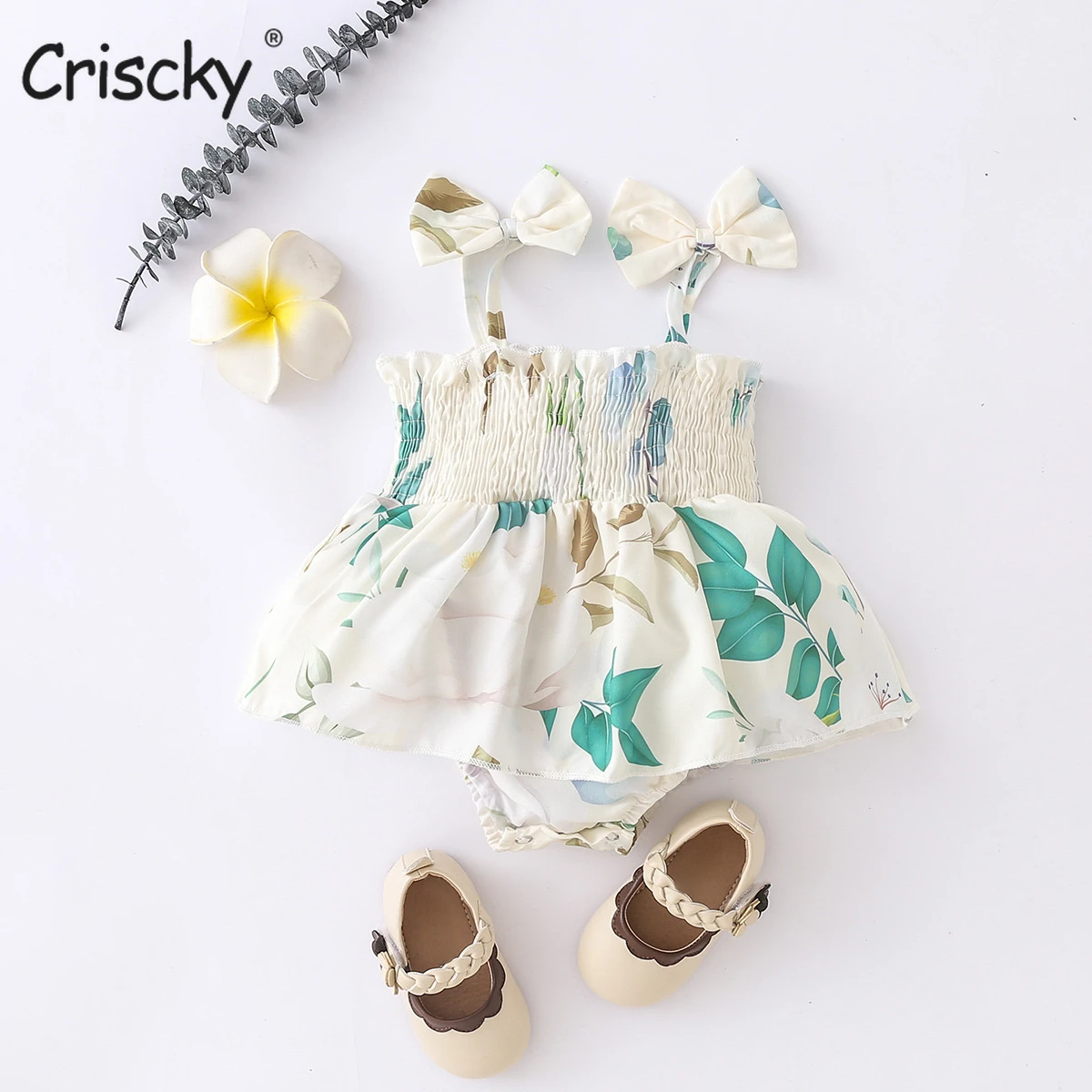 

Criscky 2022 Summer Romper Clothing Newborn Kids Baby Girl Clothes Bow Ruffled Romper Dress Leaves Jumpsuit Solid White Outfits