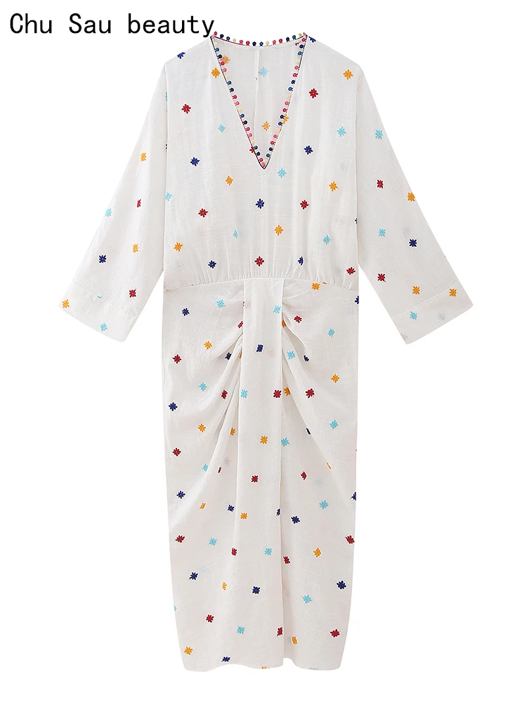 

Chu Sau beauty 2023 Women Summer New Fashion Vintage Embroidery Flax Midi Dress Bohemian V-Neck Long Sleeve Chic Loose Dresses