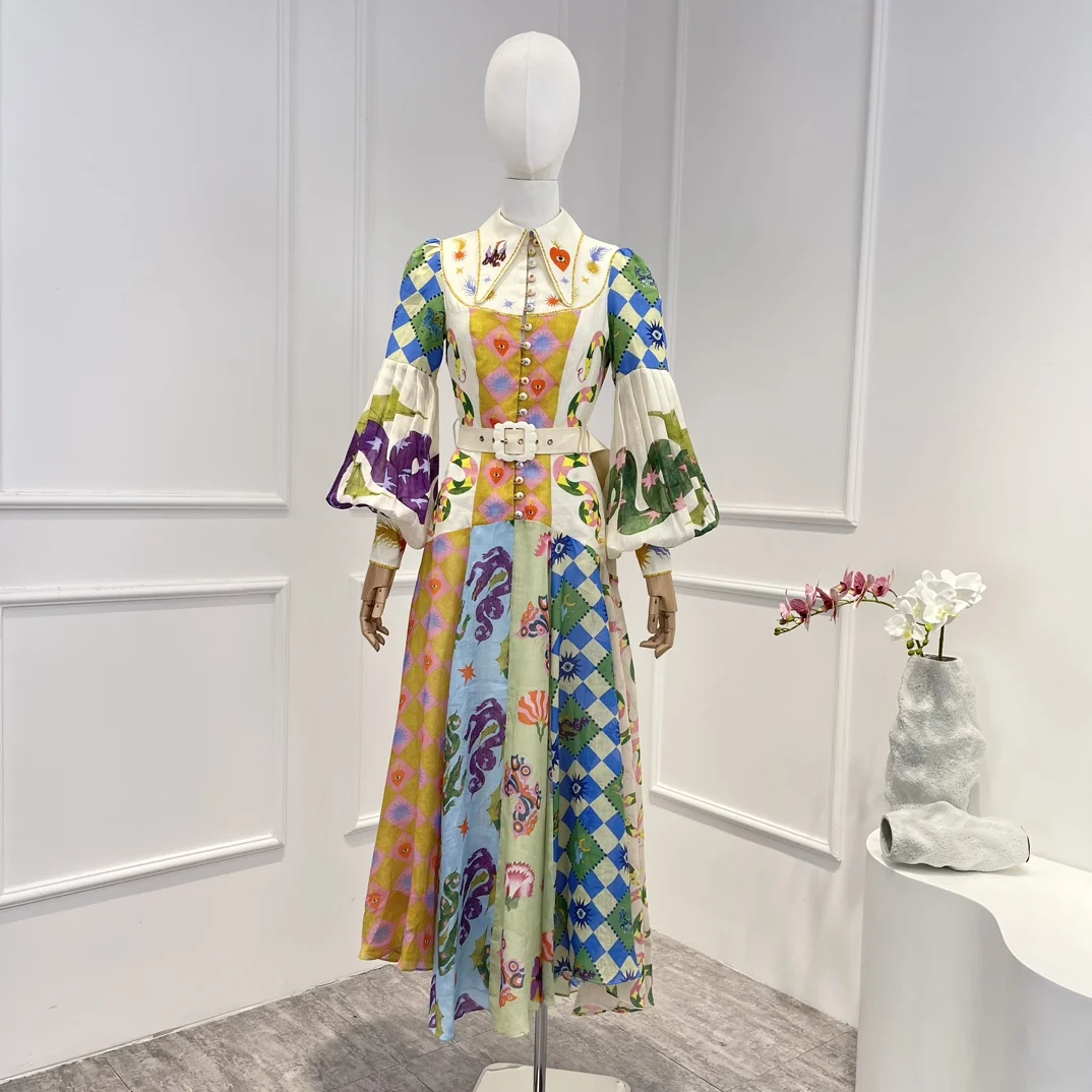 

Geometric Floral Printing Midi Dress 2023 Spring Summer Top Quality Long Lantern Sleeve Belt Waist Women Clothes for Holiday