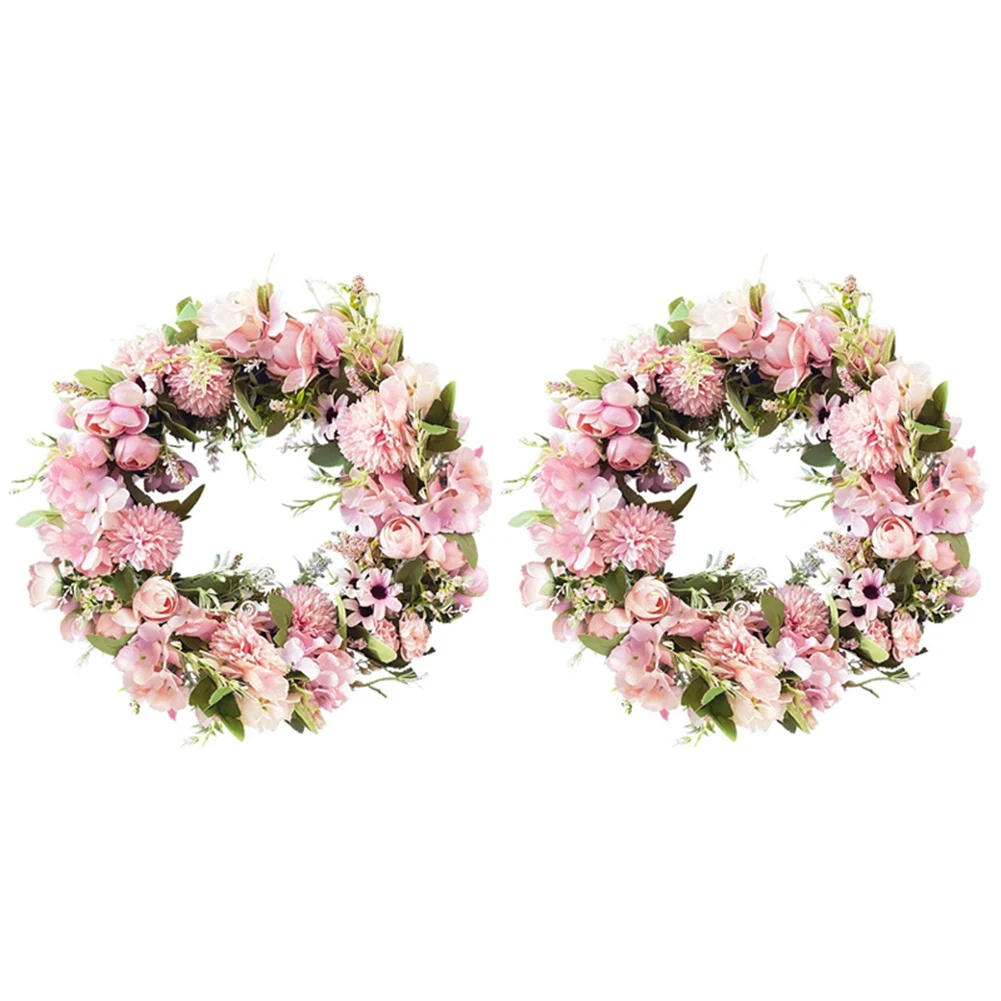 

2X Realistic Handmade Pink Wreaths for Front Door Window Wedding Wall Home Decor -17Inch Artificial Door Wreaths