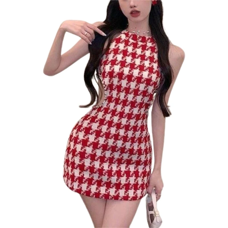 

652F женские облегающие мини-платья с лямкой на шее, платье без рукавов, женское платье с рисунком «гусиные лапки»