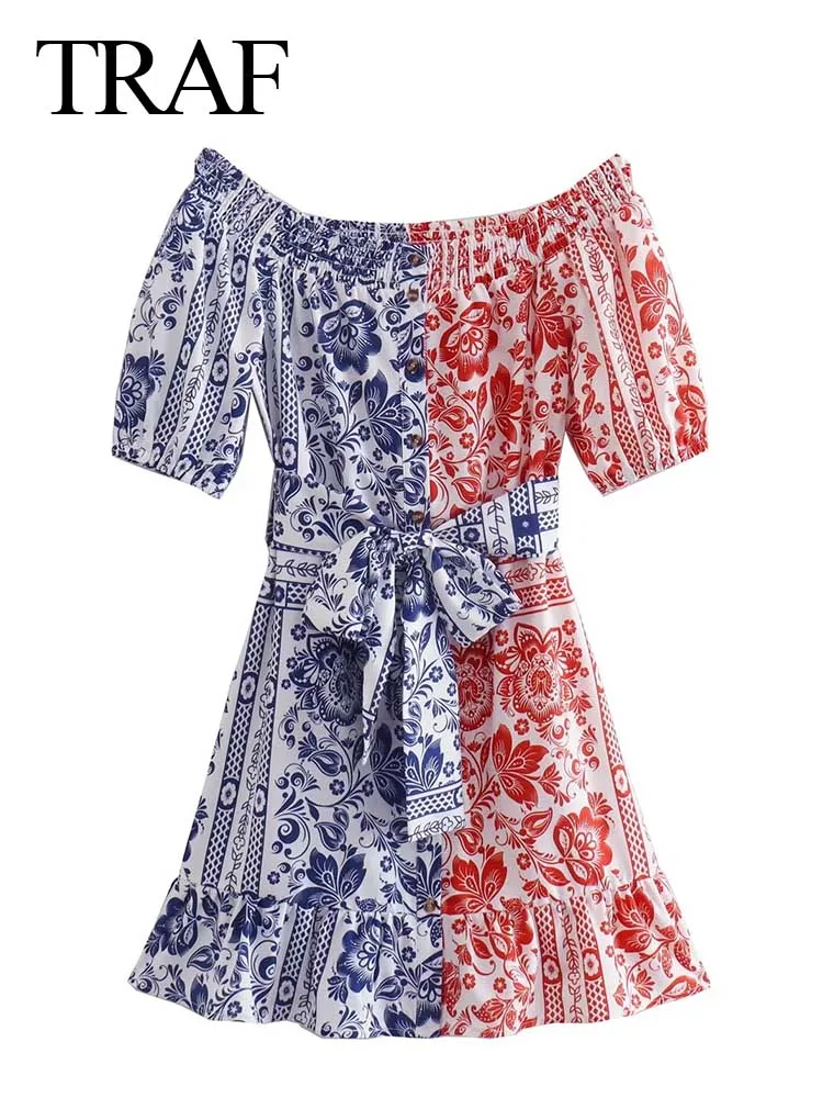 

TRAF Fashion Women Dress Blue Red Printed Stitching One-shoulder Short Sleeve Belt Bow Ruffled Hem Slim Chinese Style Summer