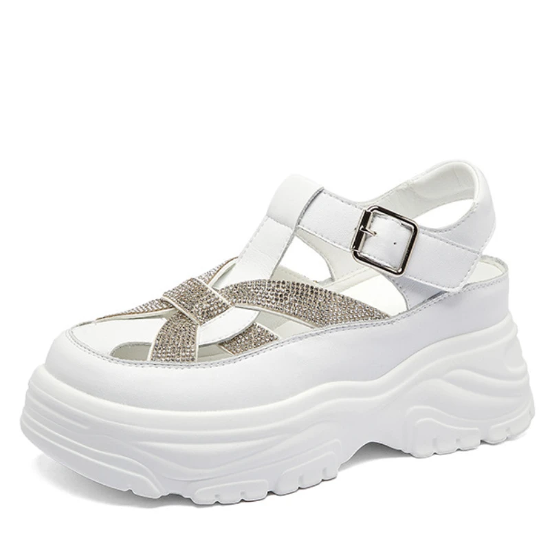 

6cm Rhinestone Genuine Leather Women Platform Sandals Wedge High Heel Women Summer Shoes Chunky Sandals Buckle Strap