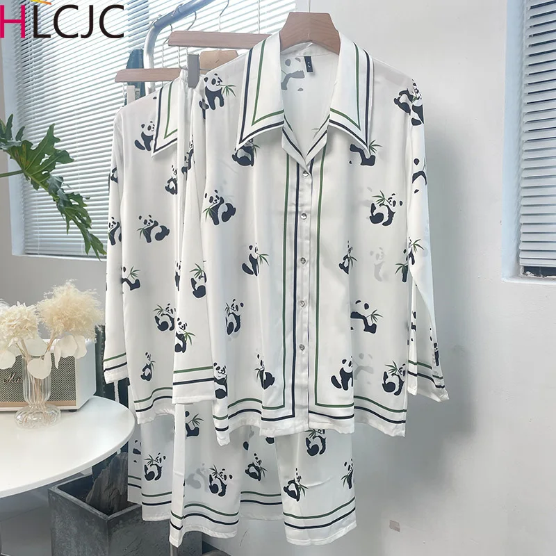 

Cute Panda Print Women's Cartoon Cute Pajamas Set Top Shirts Pants Homewear Suit Female Spring Summer Pyjamas Sleepwear Suits