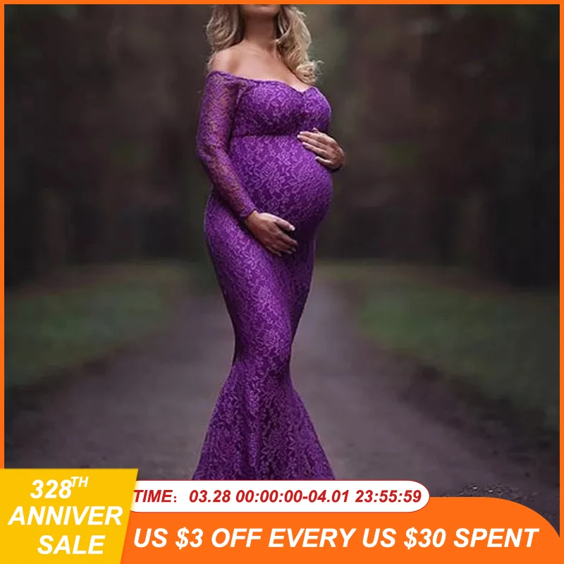 Одежда для беременных женщин кружевное длинное платье с открытыми плечами и