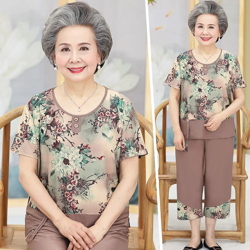 

XL-4XL Printing Grandma Summer Suit Middle-Aged Elderly Mother Short-Sleeved Two-Piece Set Cropped Pant Womens Outifits