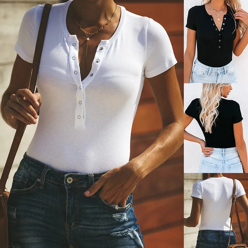 

Women's Fashion Button Short Sleeve Solid Casual T-Shirt Summer Ladies Tops Casual Solid Color V-Neck Tees Female