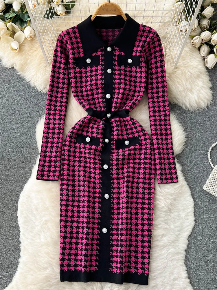 

YuooMuoo Women Dress Autumn Winter Turn-down Collar Buttons Bodycon Knitted Sweater Dress Brand Style Elegant Lady Office Dress