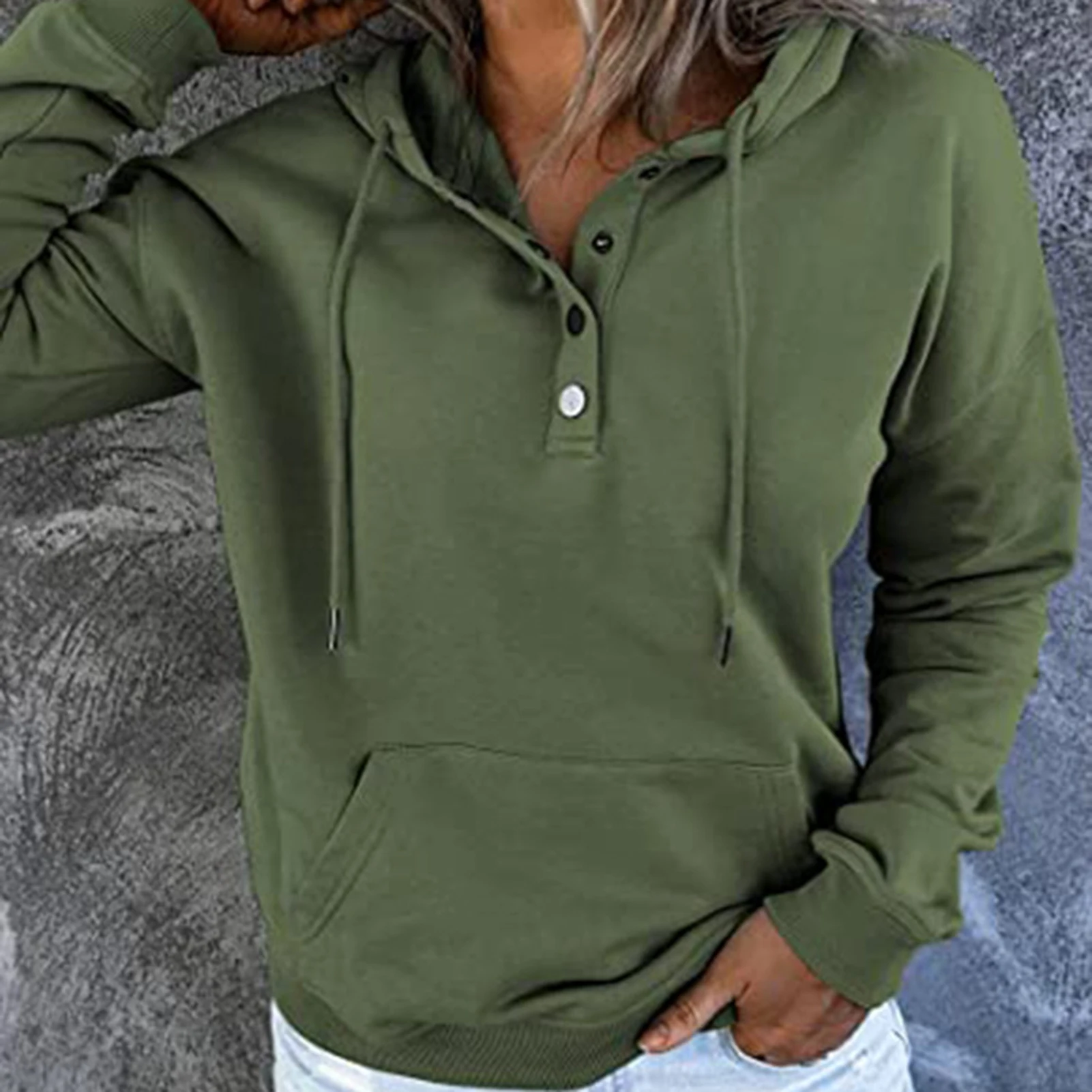 

Women Hoodie with Pockets Solid Color Single Breasted Jacket Loose Fit Basic Sweatshirts Drawstring Hoodie Streetwear Suit Daily