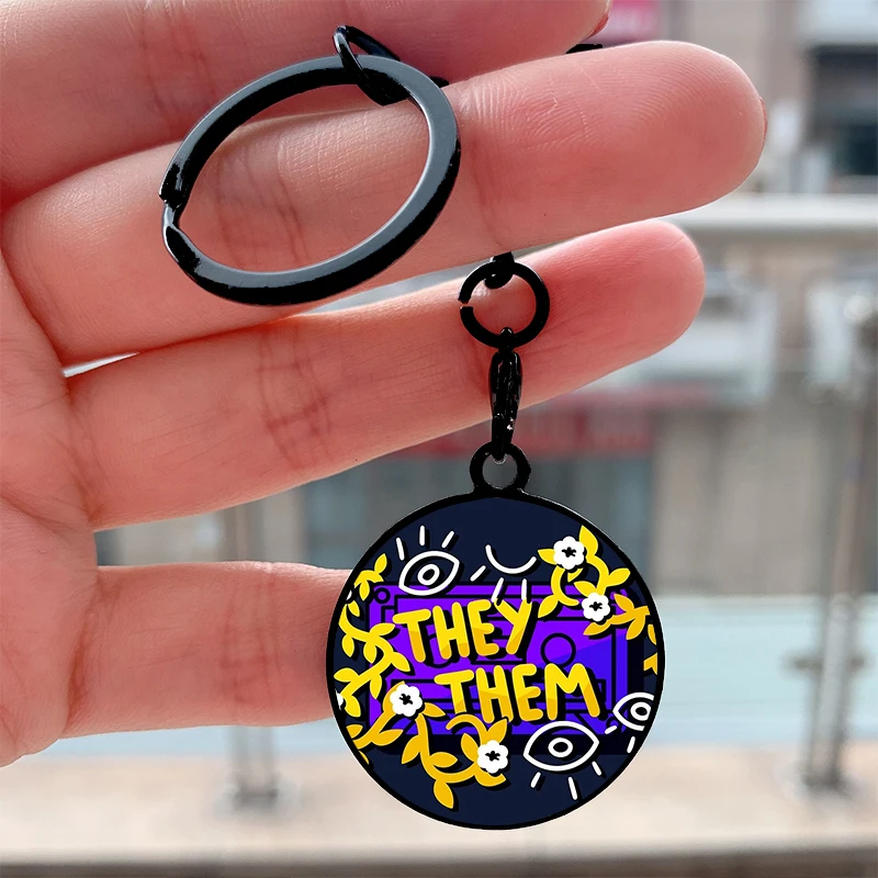 

Fashion They Them Purple Yellow Cool Key Tag Motorcycles Cars Backpack Chaveiro Keychain For Friends Key Ring Gifts Accessories