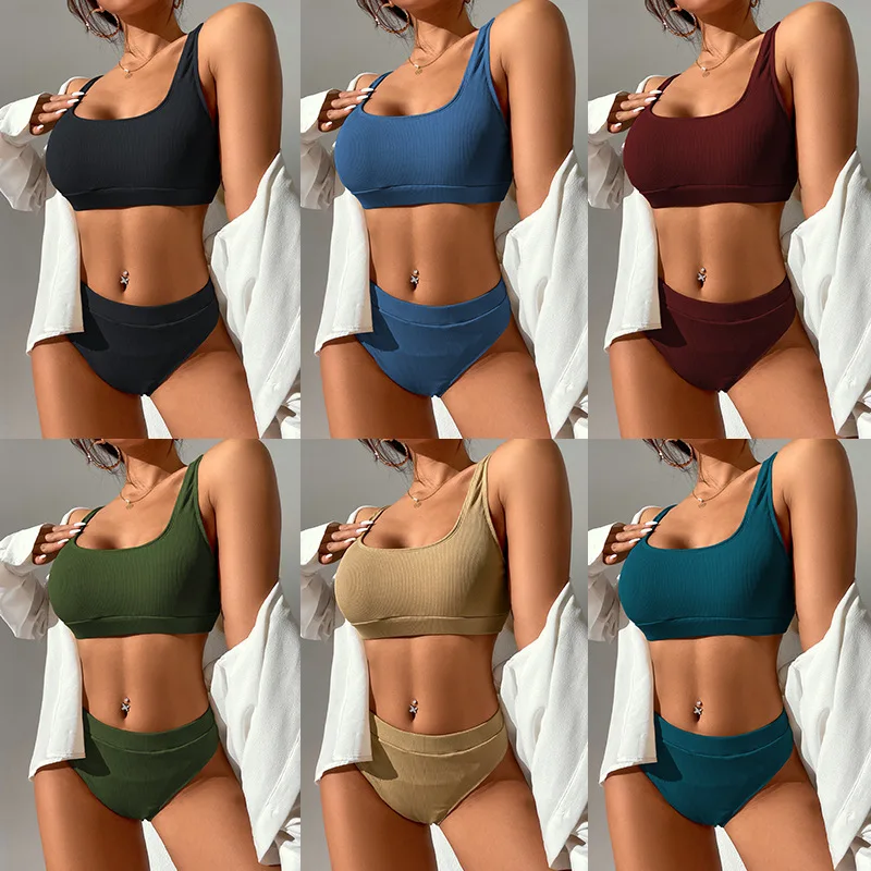 

Бикини в рубчик, купальник с высокой талией, женский купальник пуш-ап, 2022, сексуальное бикини, однотонный купальный костюм, комплект бикини, ...