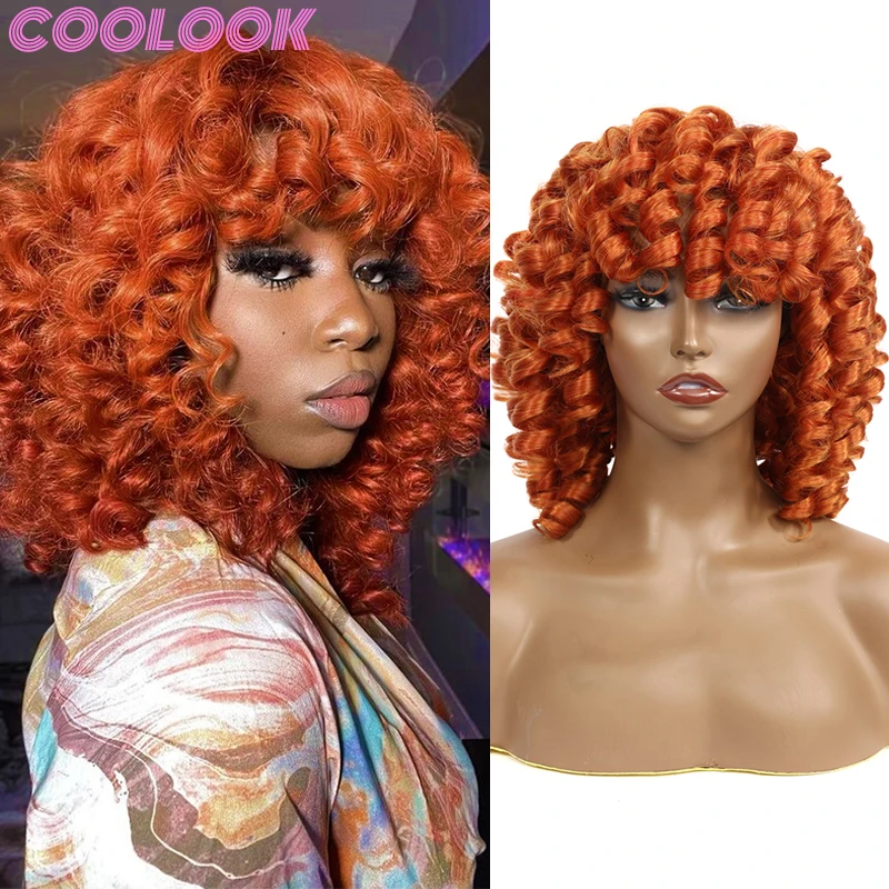 

Short Hair Afro Curly Wigs for Black Women Puffy Kinky Curly Bob Wigs with Bangs Synthetic Natural Orange Red Blonde Wig