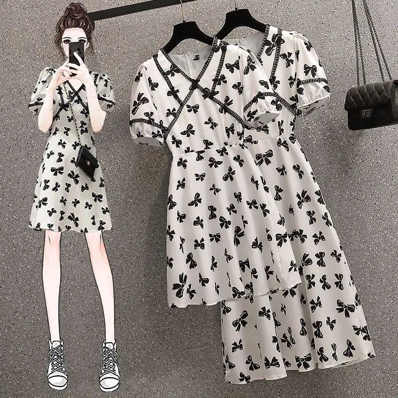 

COIGARSAM Women's Summer Dress 2022 New Bow Puff Sleeve High Waist Long Brief Paragraph Dresses Dropshipping