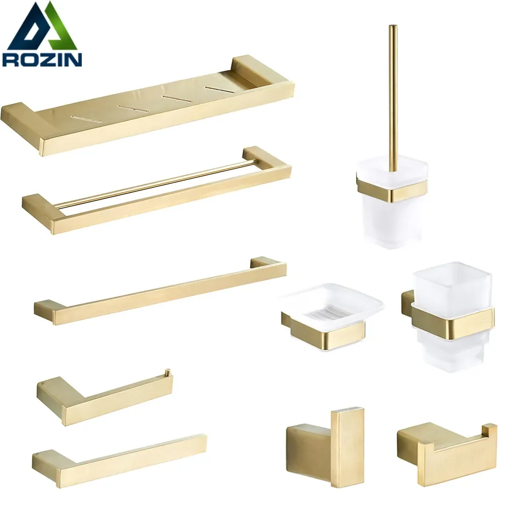 

NEW Brushed Gold Bathroom Accessories Set 304 Stainless Steel Toilet Paper Holder Toilet Brush Holder Storage Shelf Towel Bar