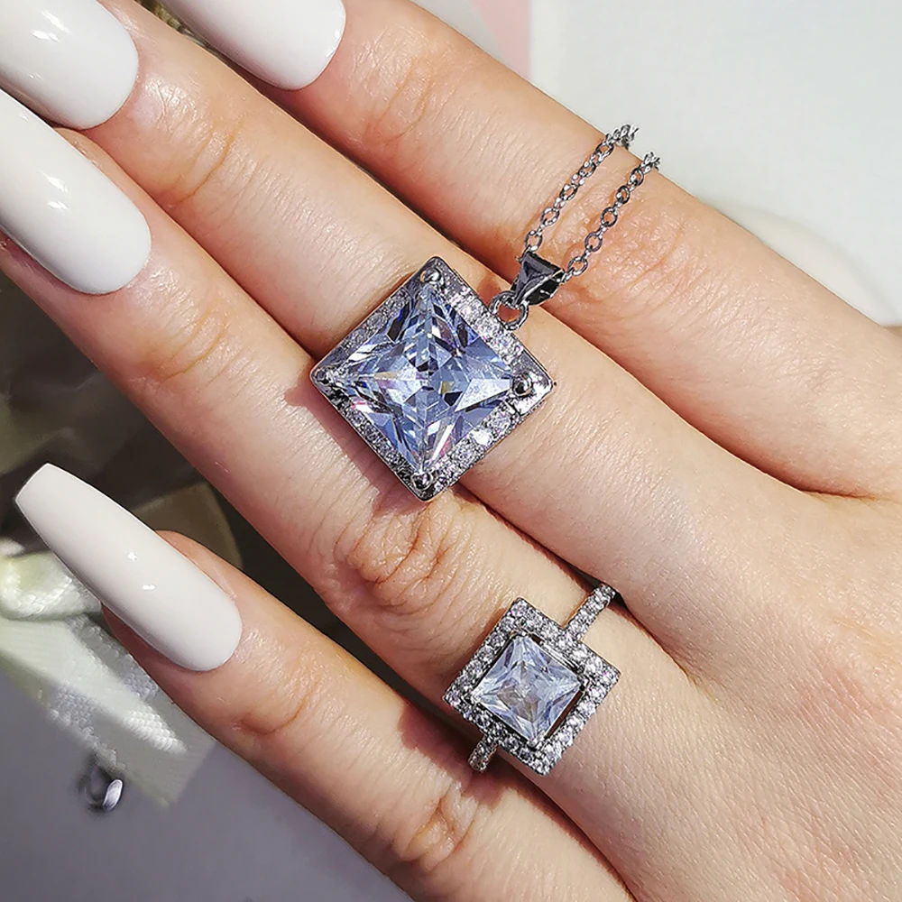 

2pcs Pack silver color bride Jewelry set halo Engagement ring round stud earring for Wedding christmas gift party J7102
