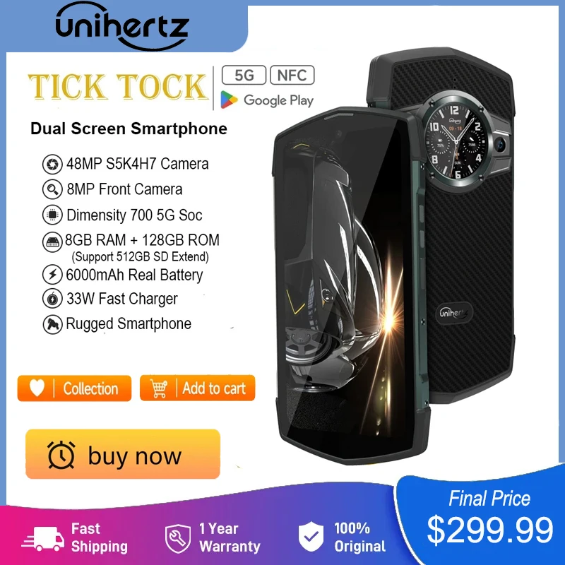 Unihertz Tick Tock 5G Rugged Waterproof Smart мобильный телефон с двумя экранами Android 11 IP68 standard Dual-5G-SIM-карта Sub-Screen