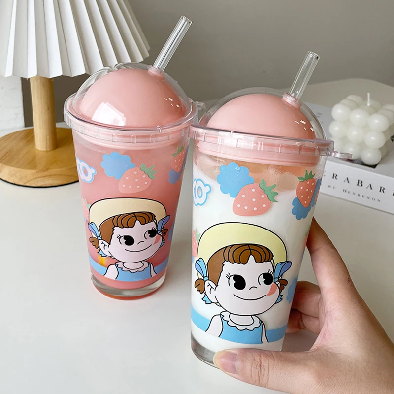 

Cute Glass Cup With Lid Straw Kawaii Glass Water Bottle For Kids Girl 450ml Coffee Milk Juice Beverage Drinking Bottle BPA Free