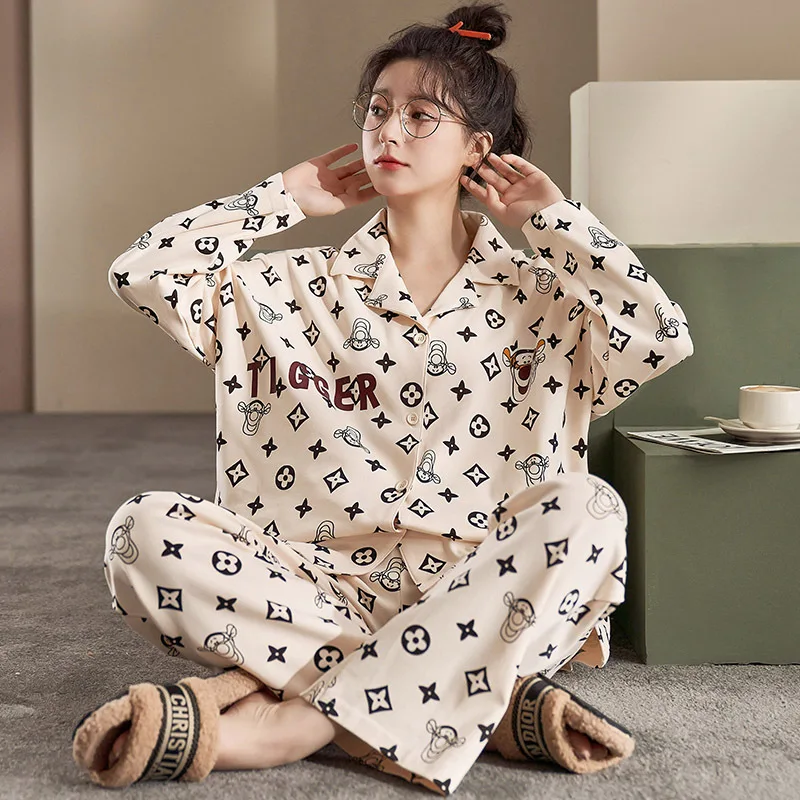 1 New spring and autumn pajamas women's long-sleeved trousers two-piece oversized loose lapel women's home wear