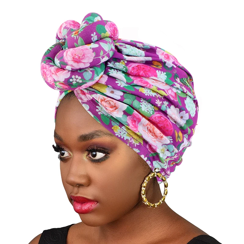 

African Hijab Floral Print Knotted Turban Women Chemo Cap Headscarf Beanie Hat Party Wedding Muslim Headwear Turbante Mujer