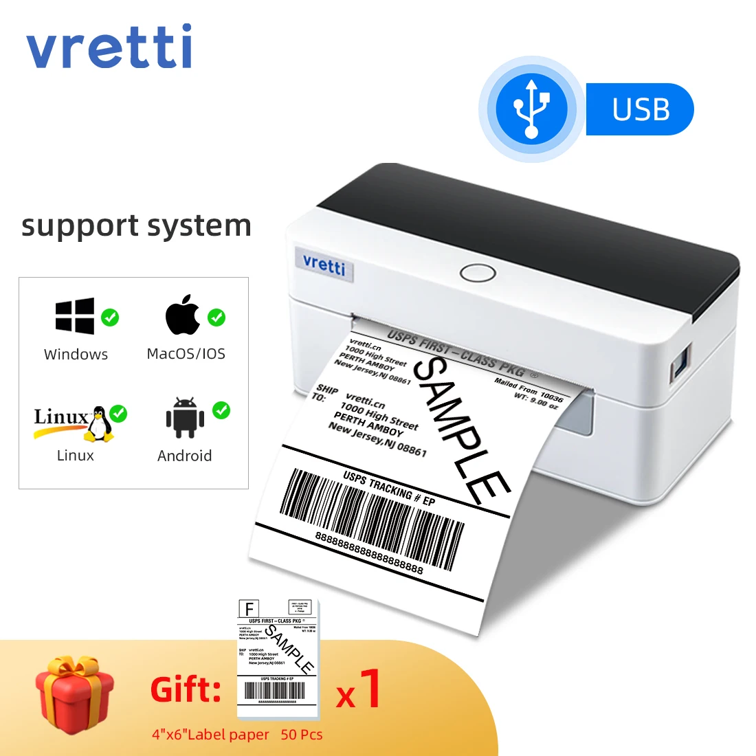 Принтер для этикеток Vretti белый 4*6 дюймов 8 Мб флэш-памяти D463B коммерческая