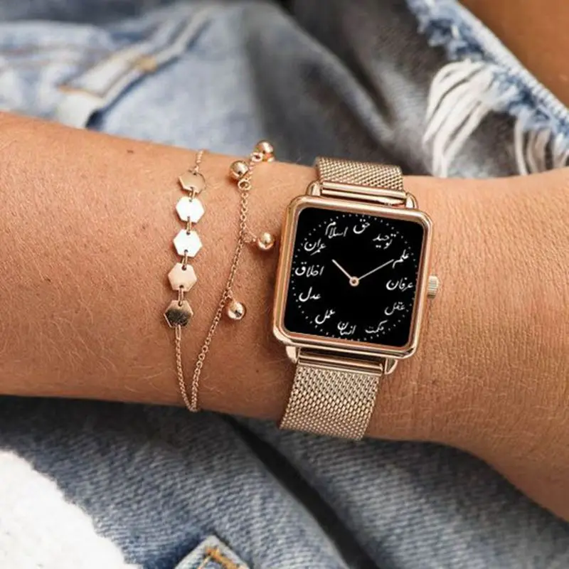 Часы наручные женские с магнитным сетчатым браслетом, модные элегантные кварцевые Стальные Квадратные, золотистые и Серебристые