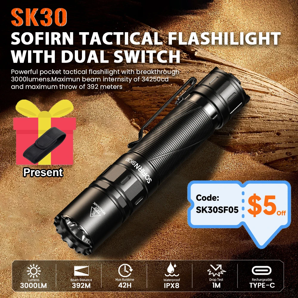 Фото Новый тактический фонарик SOFIRN SK30 2800LM SFT70, светодиодный светильник 6500K 21700, USB C, перезаряжаемый фонарь с двойным переключателем №1