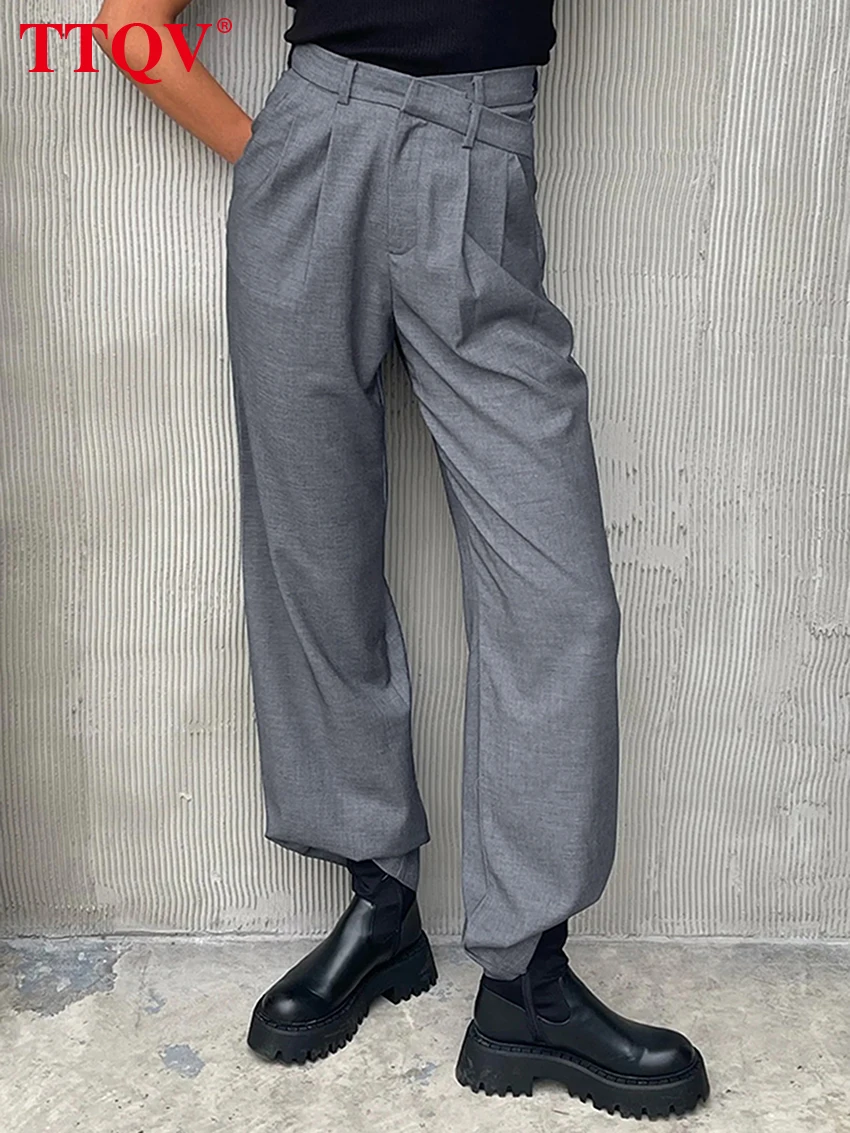 

Элегантные серые простые женские брюки TTQV 2023 модные прямые брюки с высокой талией повседневные однотонные длинные брюки для офиса для женщин