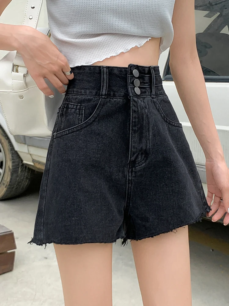 New Streetwear Women High Waist Loose Denim Shorts Spring Summer Female Frayed Button Jeans Shorts Bottoms