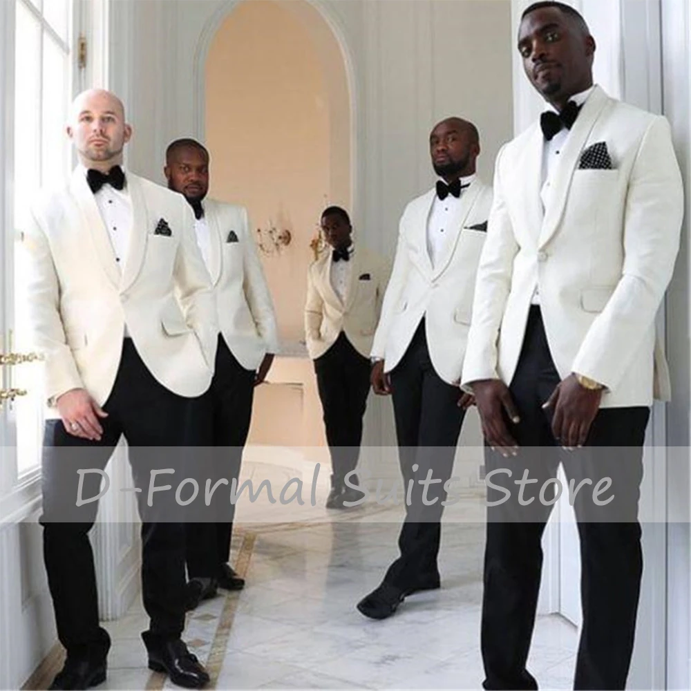 Groomsmen 2 Piece Set White Wedding Tuxedos Custom Slim fit Men Suits Jacket Jacket With Black Pants Best Man Fashion Clothes