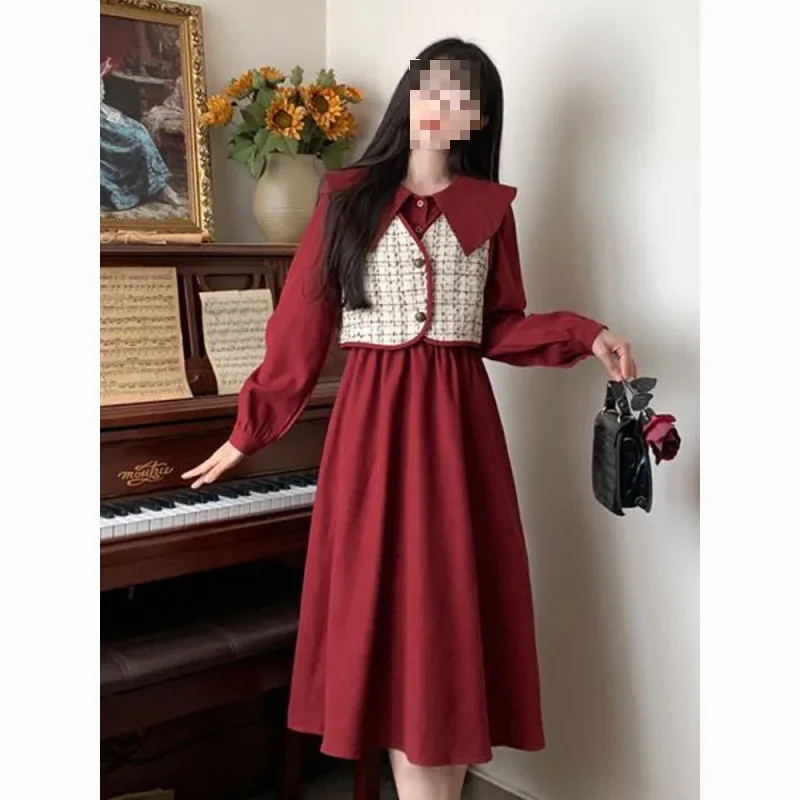 Винтажный клетчатый жилет женское милое платье с кукольным воротником