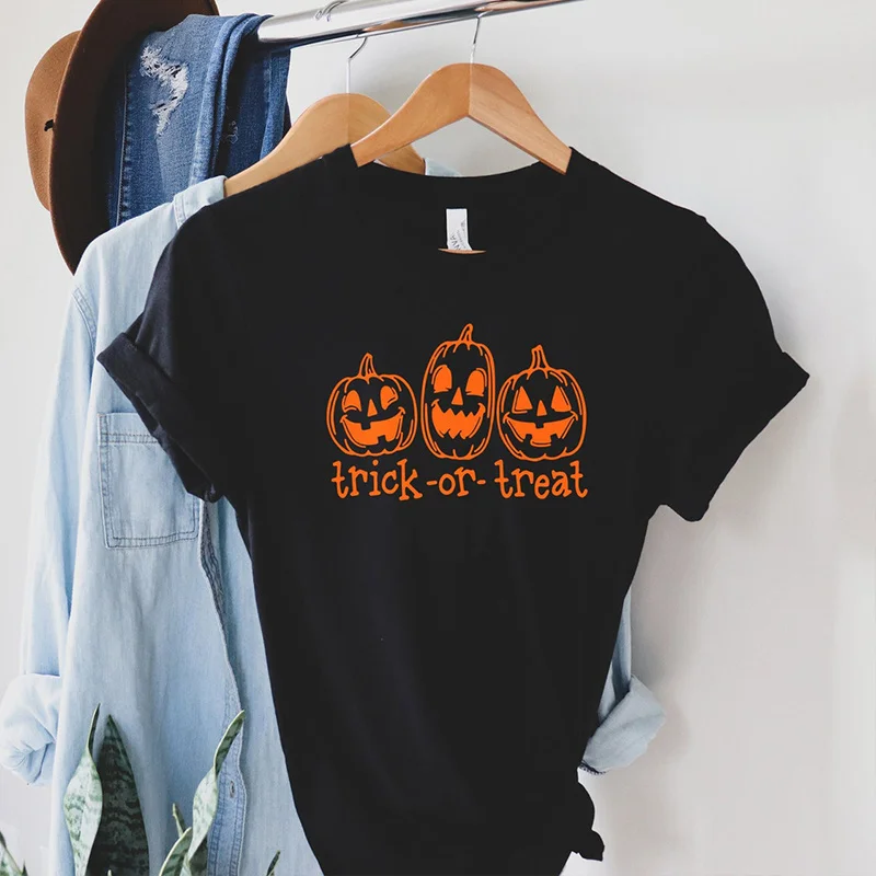 

Trick or Treat Pumpkin Face Halloween T Shirts Women Polyester Tshirt Fall Clothes Funny Witch Orange Clothes DW78